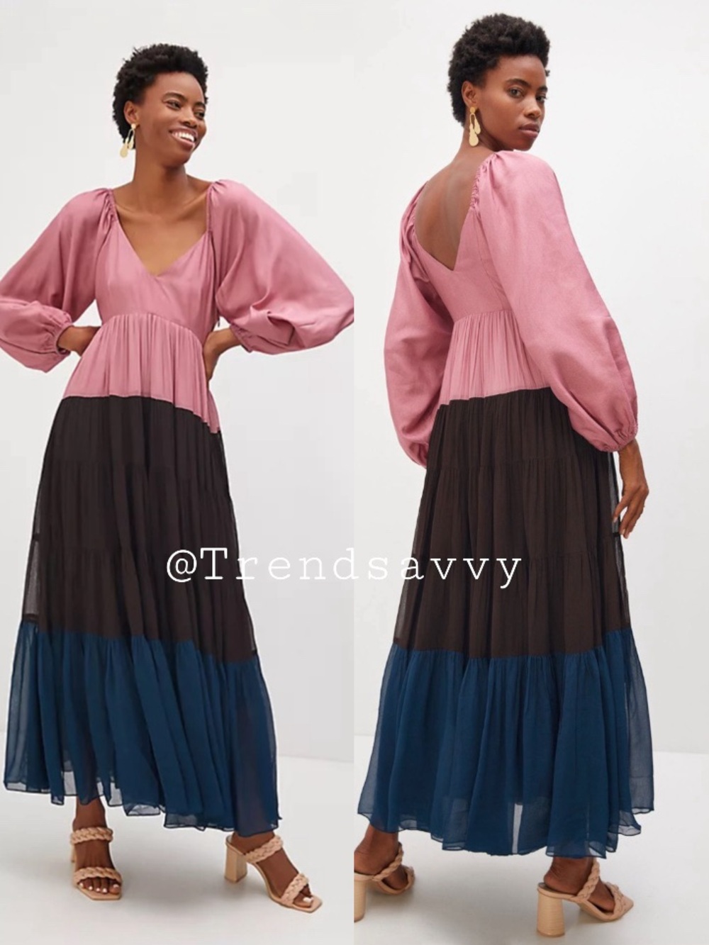 Anthropologie Nirmooha Colorblock Puff Sleeve Maxi Dress Wedding Guest Resort XS